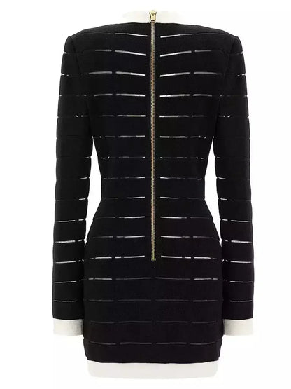 Bicolor Low-Cut Stretch Knit Buttoned Mini Dress - Dresses
