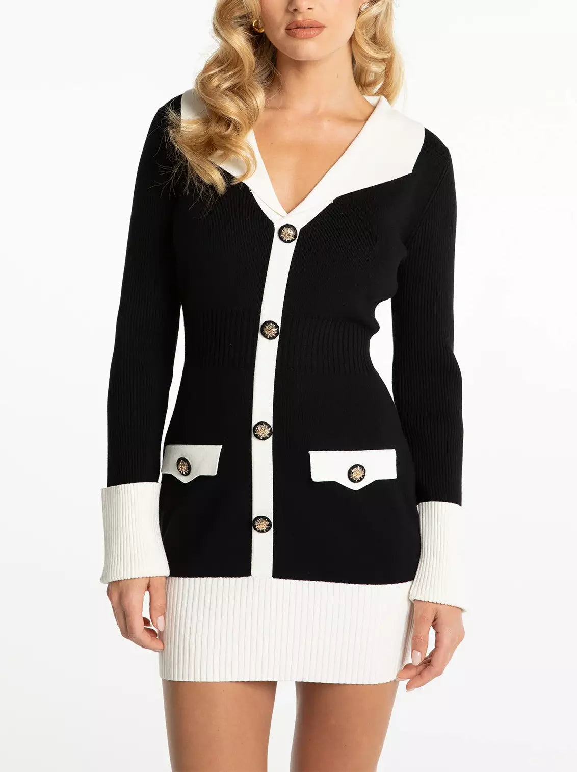 Bicolor Ribbed Knit Mini Sweater Dress featuring a stylish black and white design with buttons