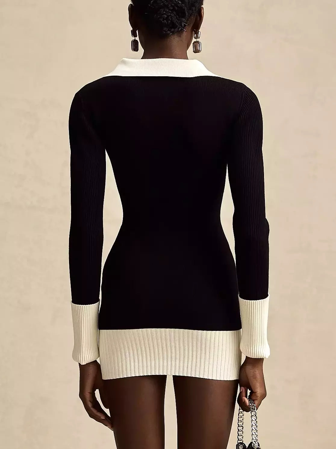 Bicolor ribbed knit mini sweater dress in black and white houndstooth pattern