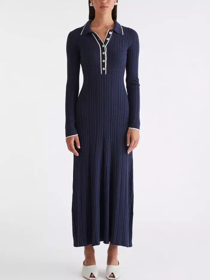 Bicolor Ribbed Knit Polo Maxi Dress - Dresses