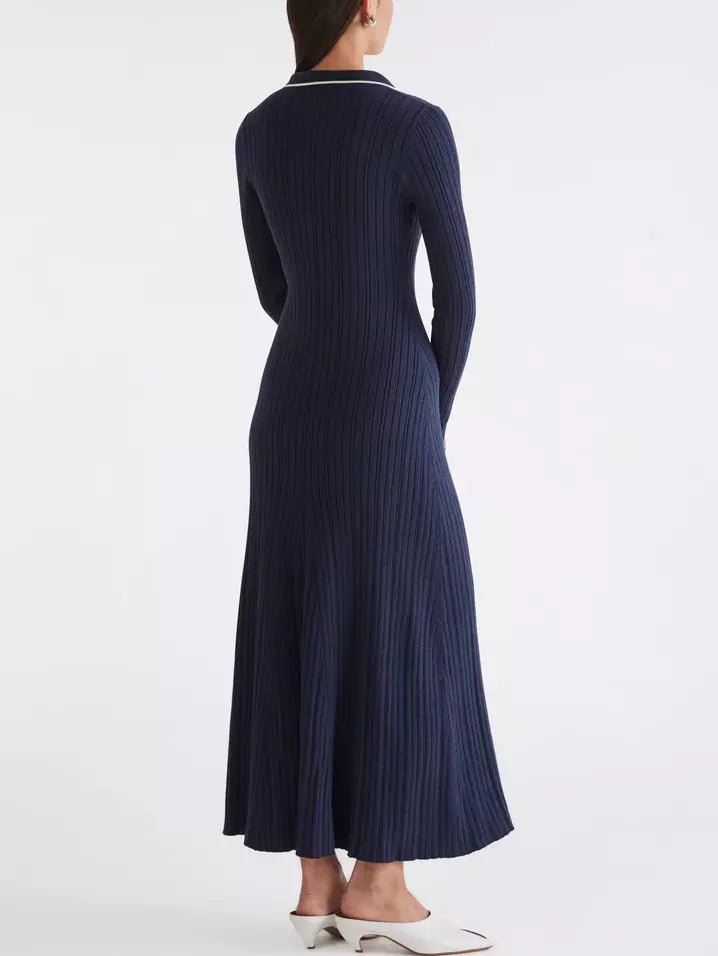 Bicolor Ribbed Knit Polo Maxi Dress - Dresses