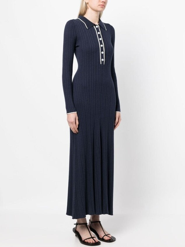 Bicolor Ribbed Knit Polo Maxi Dress - Dresses