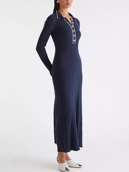 Bicolor Ribbed Knit Polo Maxi Dress - Dresses