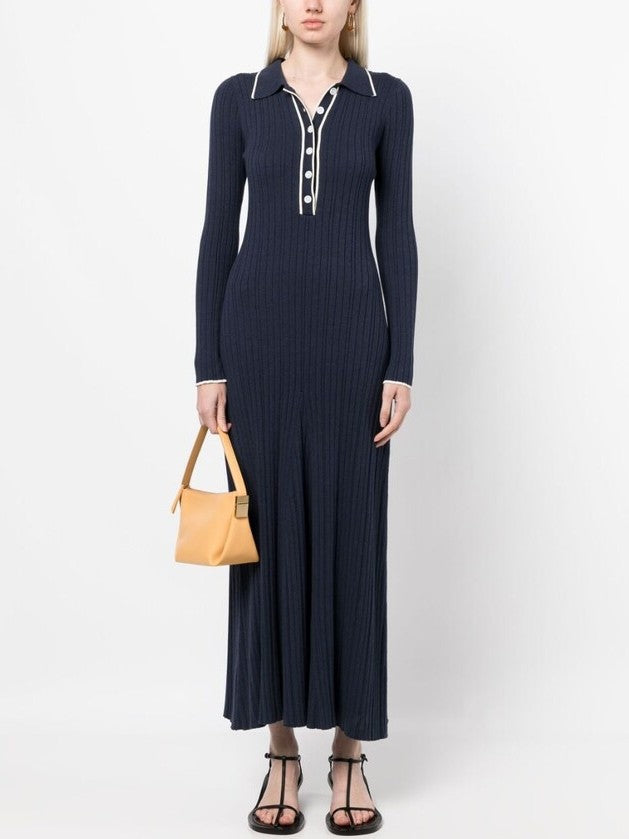 Bicolor Ribbed Knit Polo Maxi Dress - Dresses