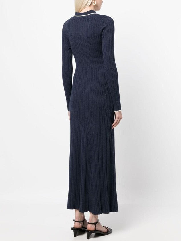 Bicolor Ribbed Knit Polo Maxi Dress - Dresses