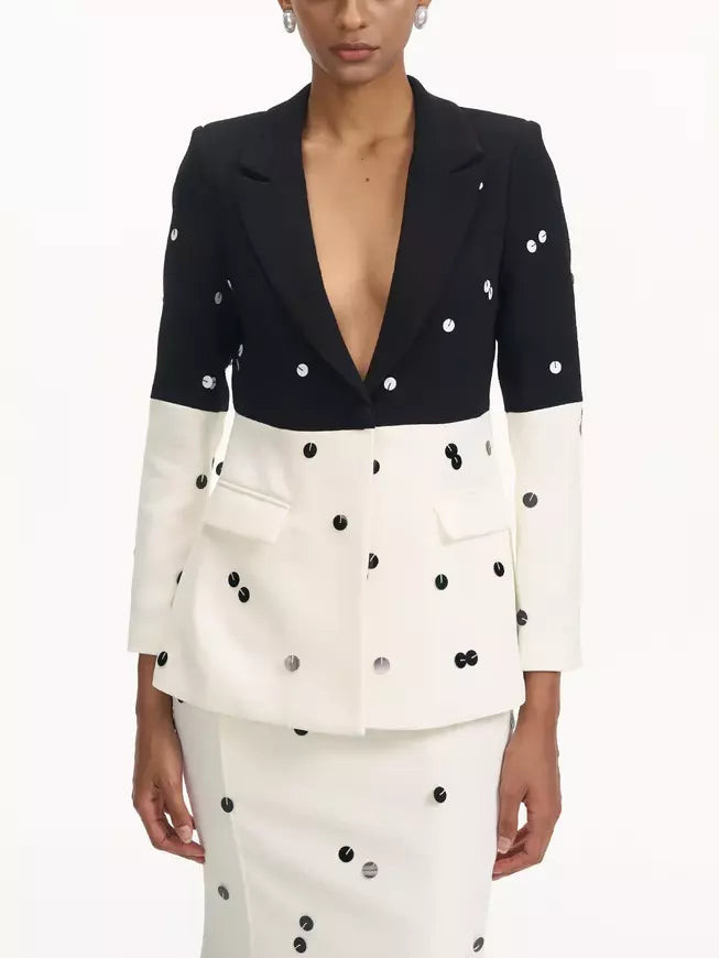 Two-tone Bicolor Sequined Blazer paired with a Fitted Flared Skirt Set in stylish design