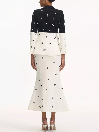 Black and white polka dot bicolor sequined blazer and fitted flared skirt set