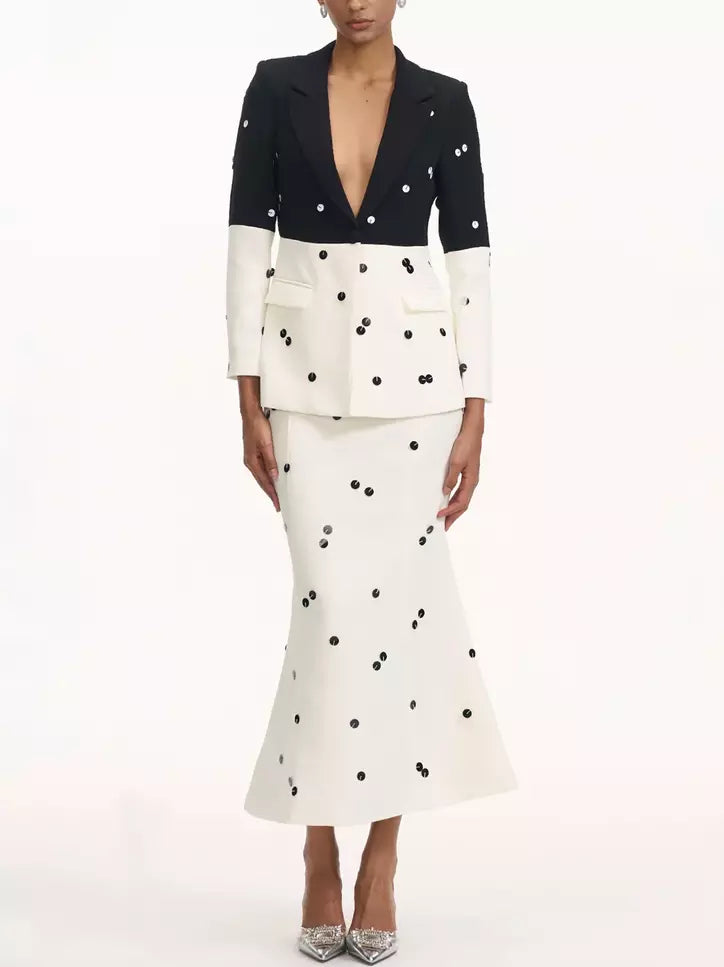 Bicolor sequined blazer with polka dots paired with fitted flared skirt set