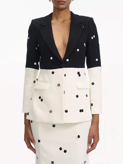 Bicolor sequined blazer and fitted flared skirt set with black polka dots