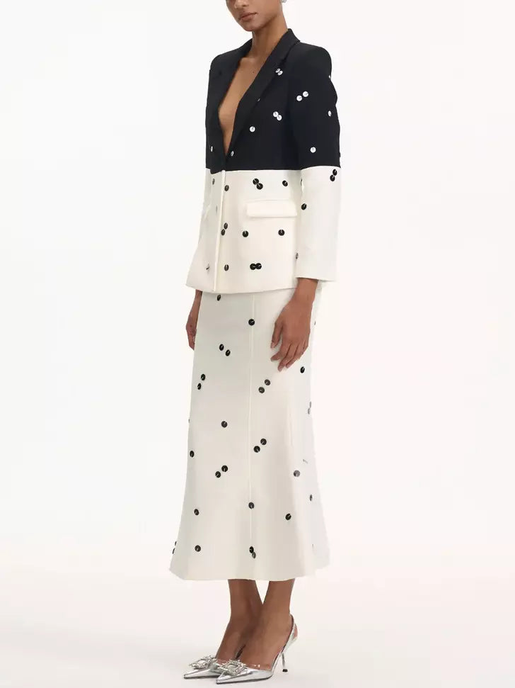 Bicolor sequined blazer with polka dots paired with fitted flared skirt set