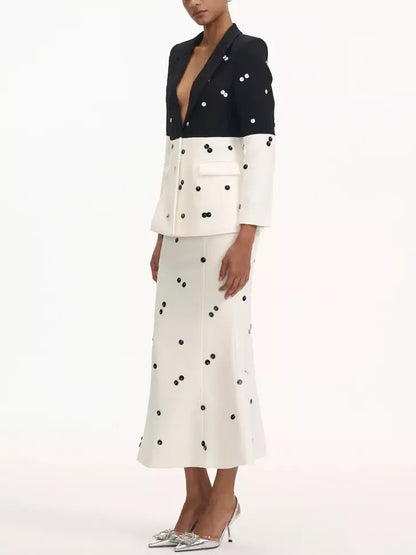 Bicolor sequined blazer with polka dots paired with fitted flared skirt set