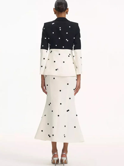 Bicolor Sequined Blazer with Fitted Flared Skirt Set in trendy polka dot design