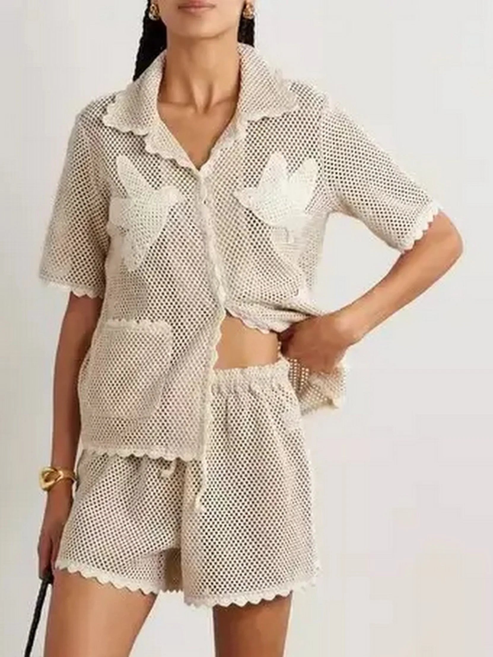 Birds-Embroidered Crochet Shirt - Tops