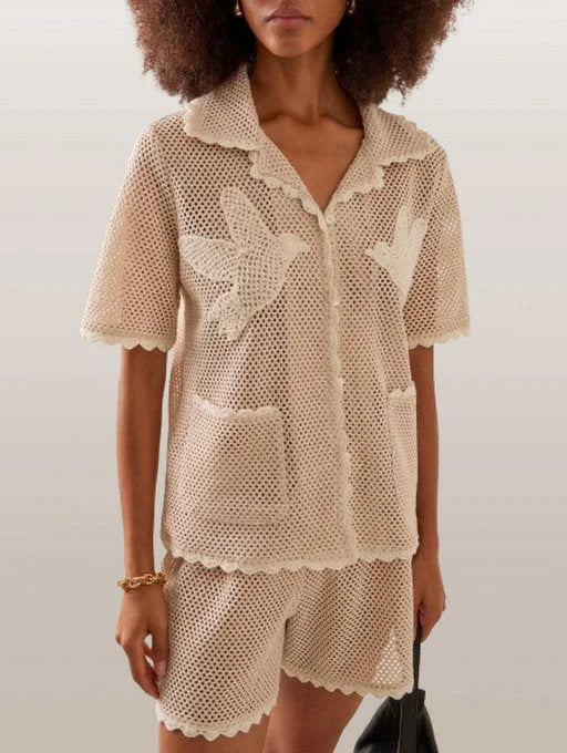 Birds-Embroidered Crochet Shirt - Tops