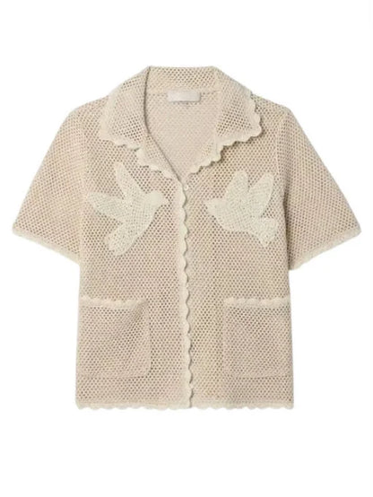 Birds-Embroidered Crochet Shirt - Tops