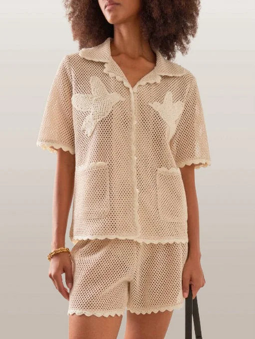 Birds-Embroidered Crochet Shirt - Small - Tops