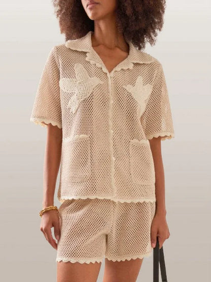 Birds-Embroidered Crochet Shirt - Small - Tops