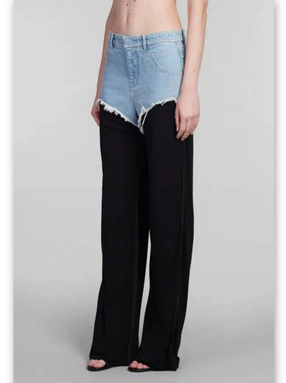 Black and Blue Denim Frayed Detail Mid-Rise Straight-Leg Pants - Jeans & Pants