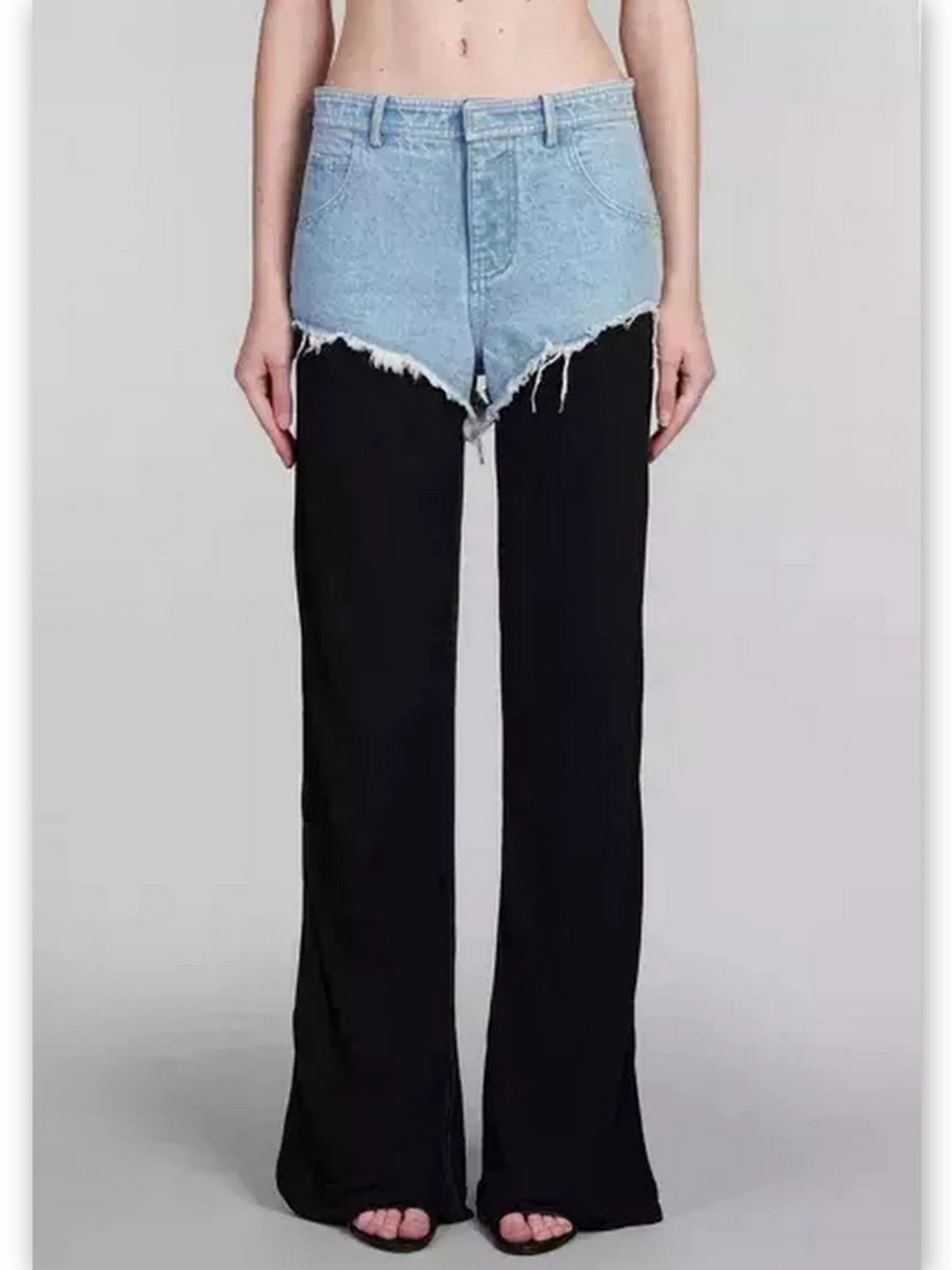 Black and Blue Denim Frayed Detail Mid-Rise Straight-Leg Pants - Jeans & Pants