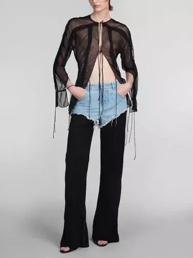 Black and Blue Denim Frayed Detail Mid-Rise Straight-Leg Pants - Jeans & Pants