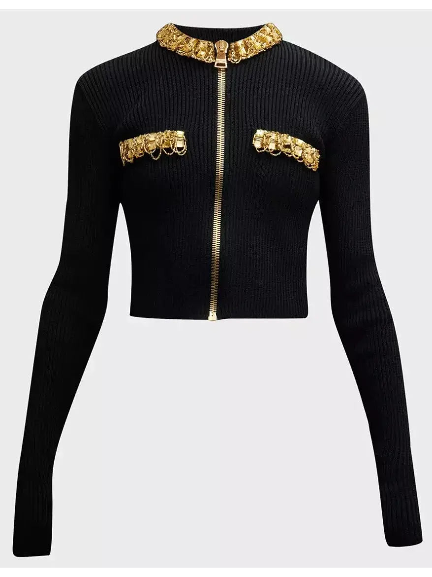 Black and Gold Embellished Rib-Knit Zip-Front Cropped Cardigan - Sweaters & Knitwear