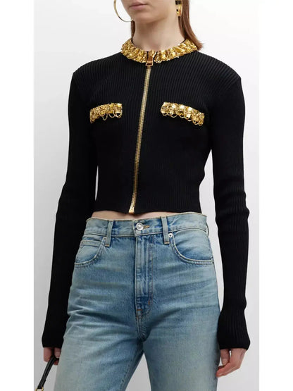 Black and Gold Embellished Rib-Knit Zip-Front Cropped Cardigan - Sweaters & Knitwear