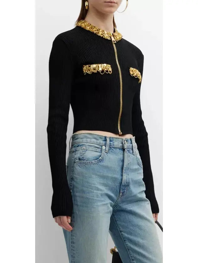 Black and Gold Embellished Rib-Knit Zip-Front Cropped Cardigan - Sweaters & Knitwear