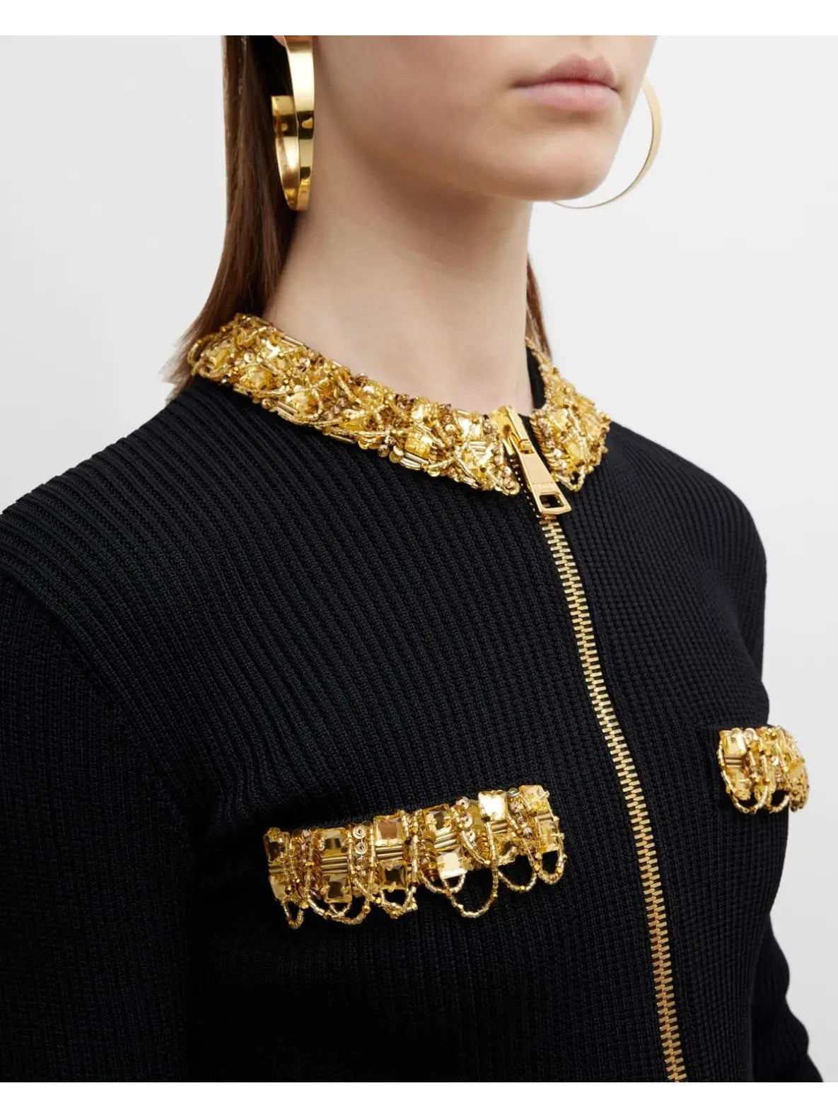 Black and Gold Embellished Rib-Knit Zip-Front Cropped Cardigan - Sweaters & Knitwear