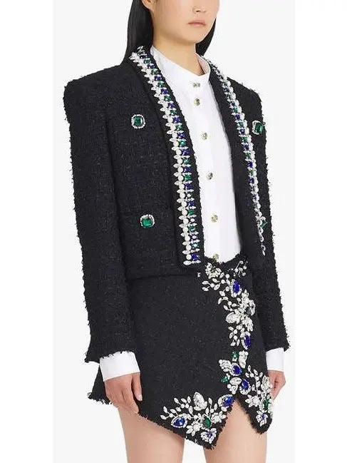 Black and Multicolor Tweed Spencer Jacket with Jewel Embroideries - Jackets