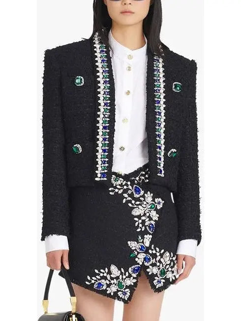 Black and Multicolor Tweed Spencer Jacket with Jewel Embroideries - Jackets