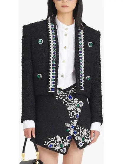 Black and Multicolor Tweed Spencer Jacket with Jewel Embroideries - Jackets