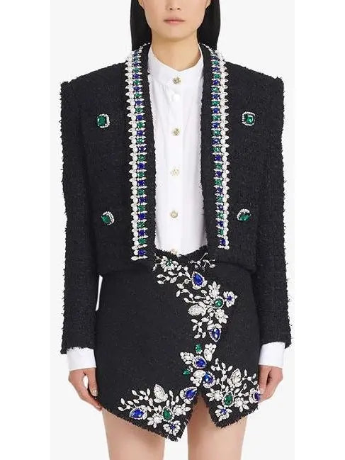 Black and Multicolor Tweed Spencer Jacket with Jewel Embroideries - Jackets