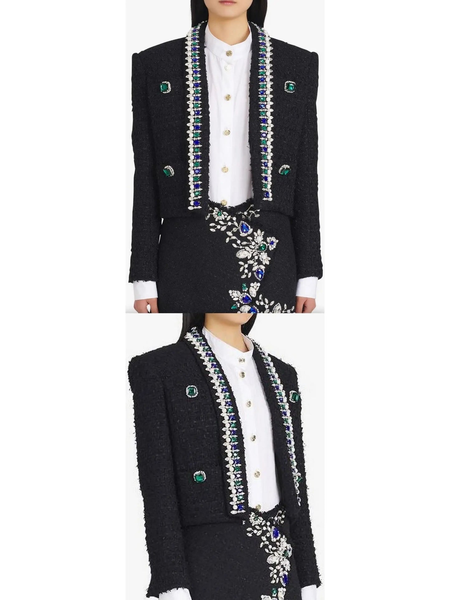 Black and Multicolor Tweed Spencer Jacket with Jewel Embroideries - Jackets