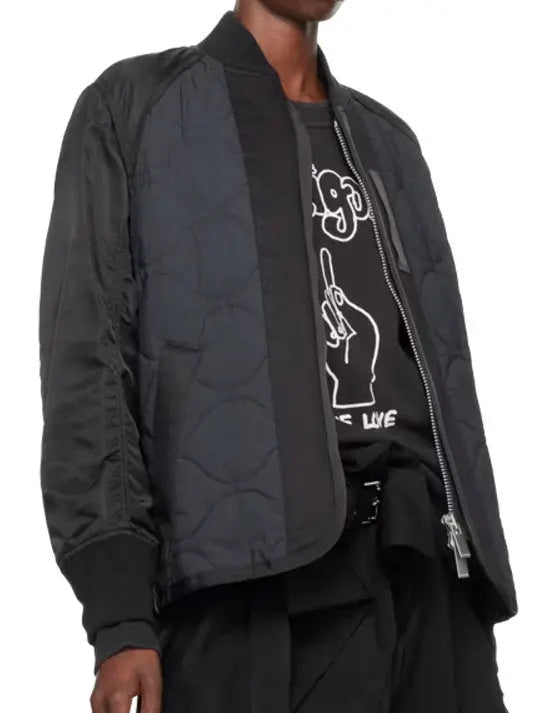 Black and Navy Quilted Bomber Jacket - Jackets