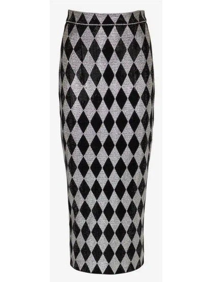 Black and Silver Diamond Rhinestone Halterneck Top and Midi Skirt Set - Suits & Sets