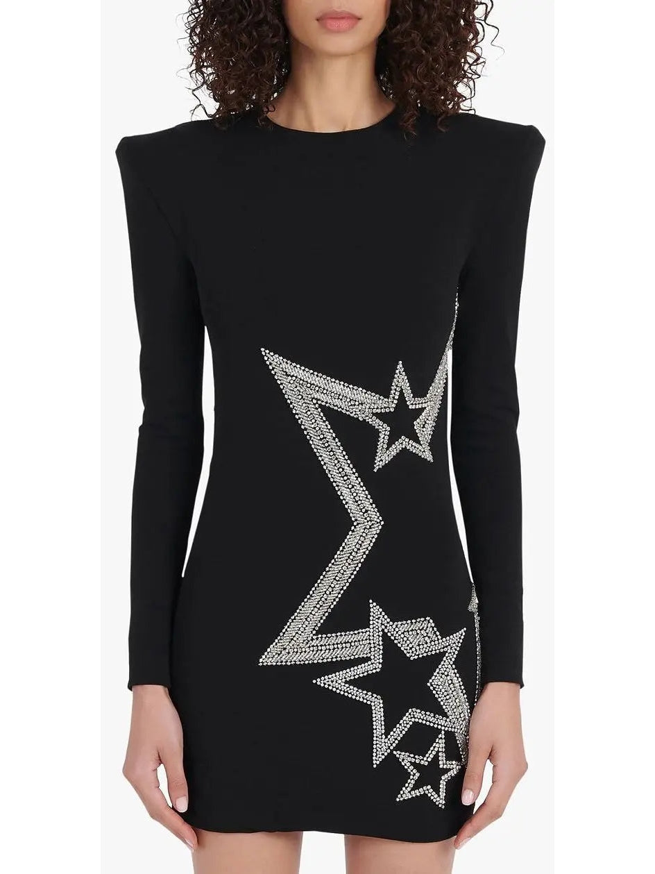 Black and Silver Stars Embroidered Dress - Dresses