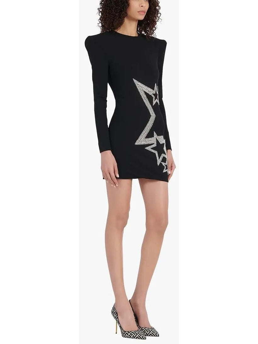 Black and Silver Stars Embroidered Dress - Dresses