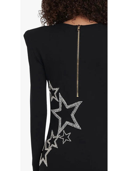 Black and Silver Stars Embroidered Dress - Dresses