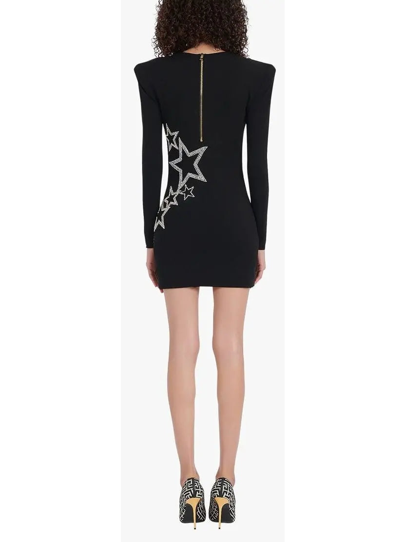 Black and Silver Stars Embroidered Dress - Dresses