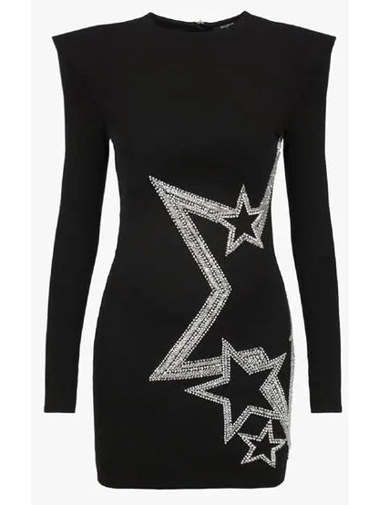 Black and Silver Stars Embroidered Dress - Dresses