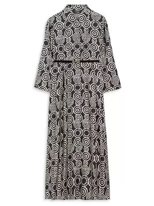 Black and White Abstract Printed Silk Shirt Dress - Dresses