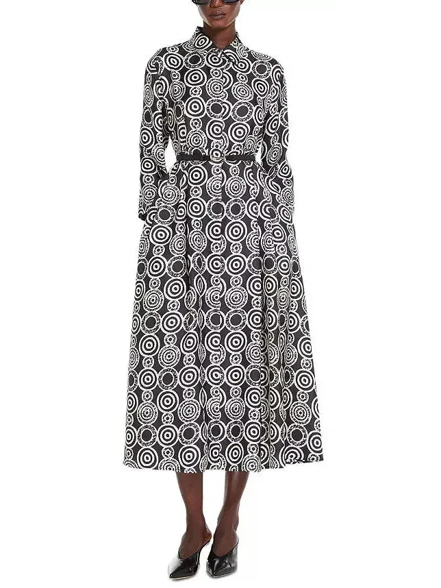 Black and White Abstract Printed Silk Shirt Dress - Dresses