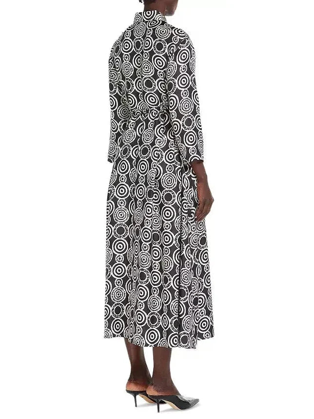 Black and White Abstract Printed Silk Shirt Dress - Dresses