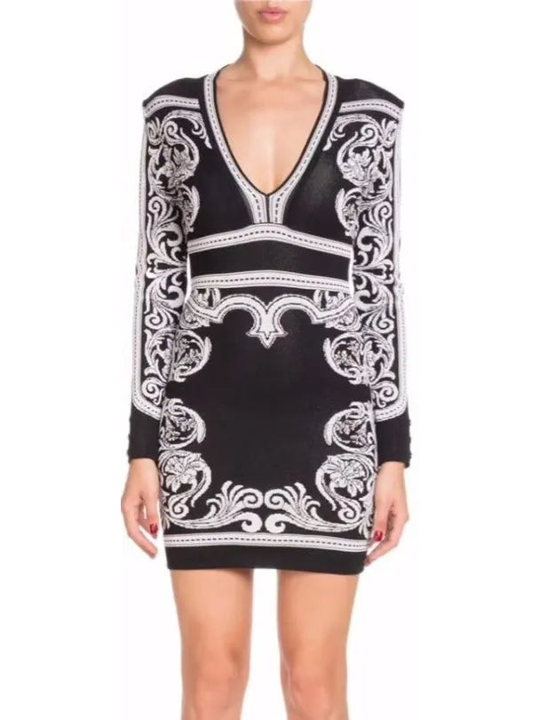 Black and White Baroque Stretch Mini Dress - Dresses