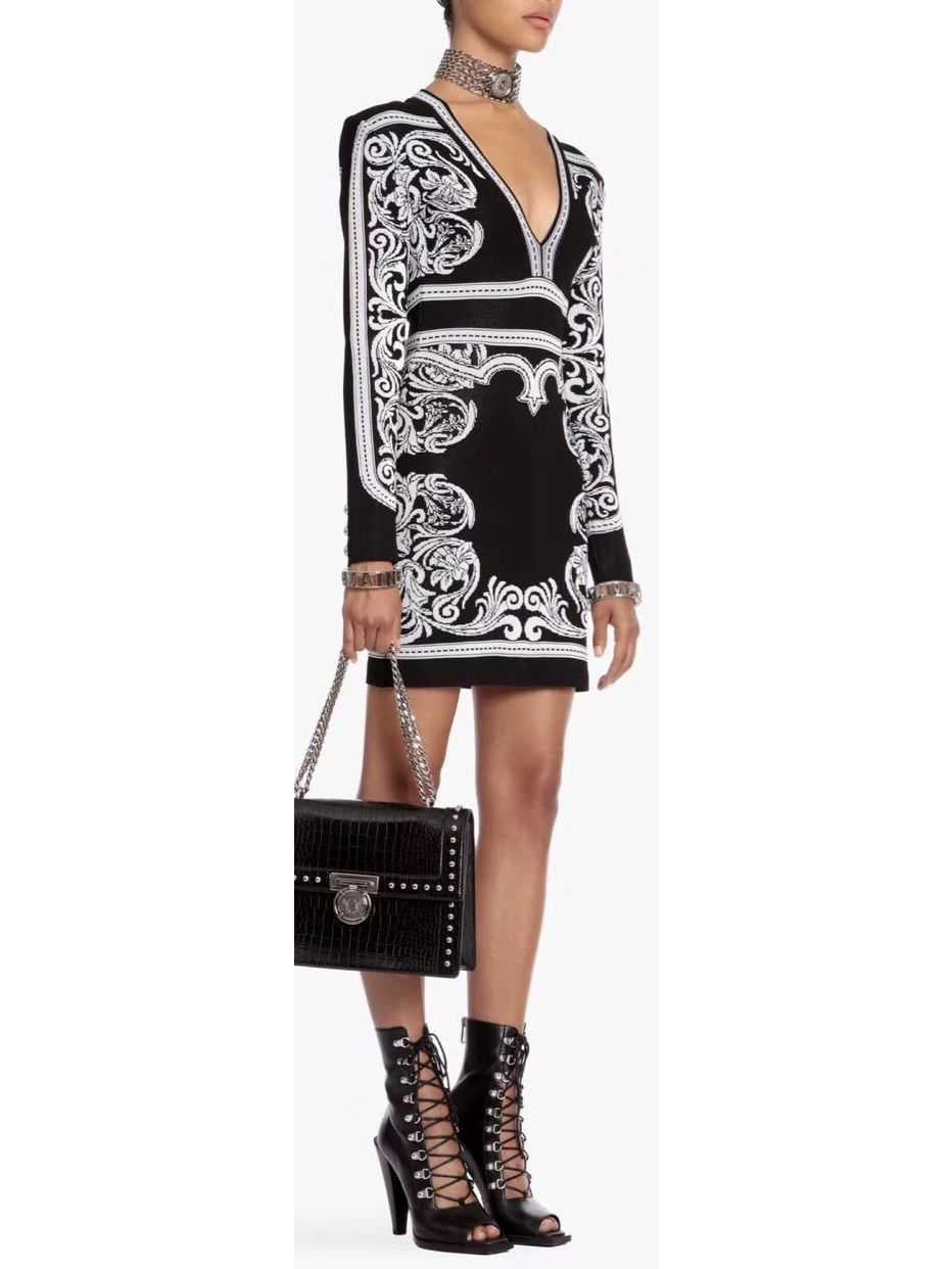 Black and White Baroque Stretch Mini Dress - Dresses