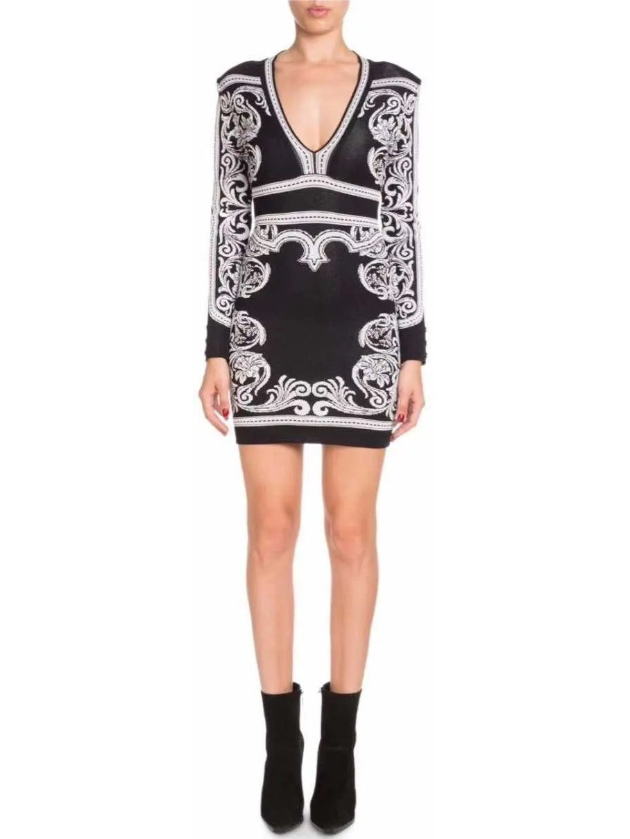 Black and White Baroque Stretch Mini Dress - xs - Dresses