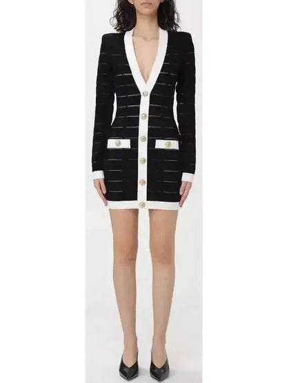 Black and White Button-Front Short Knit Cardigan Dress - Dresses