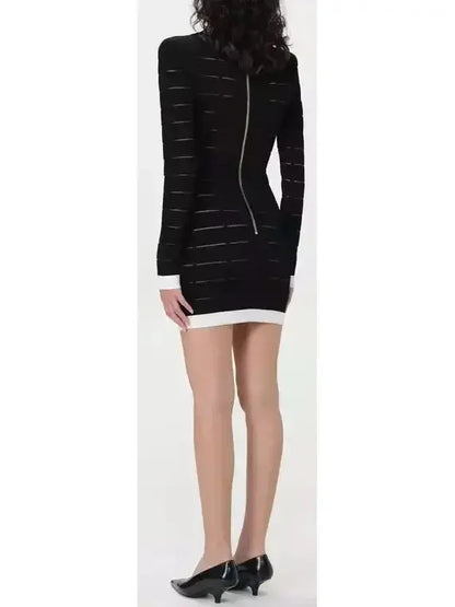 Black and White Button-Front Short Knit Cardigan Dress - Dresses