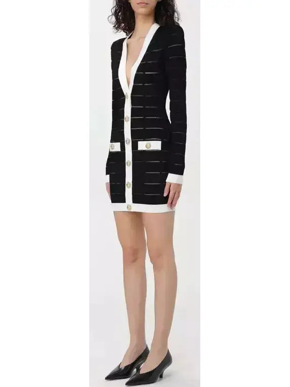 Black and White Button-Front Short Knit Cardigan Dress - Dresses