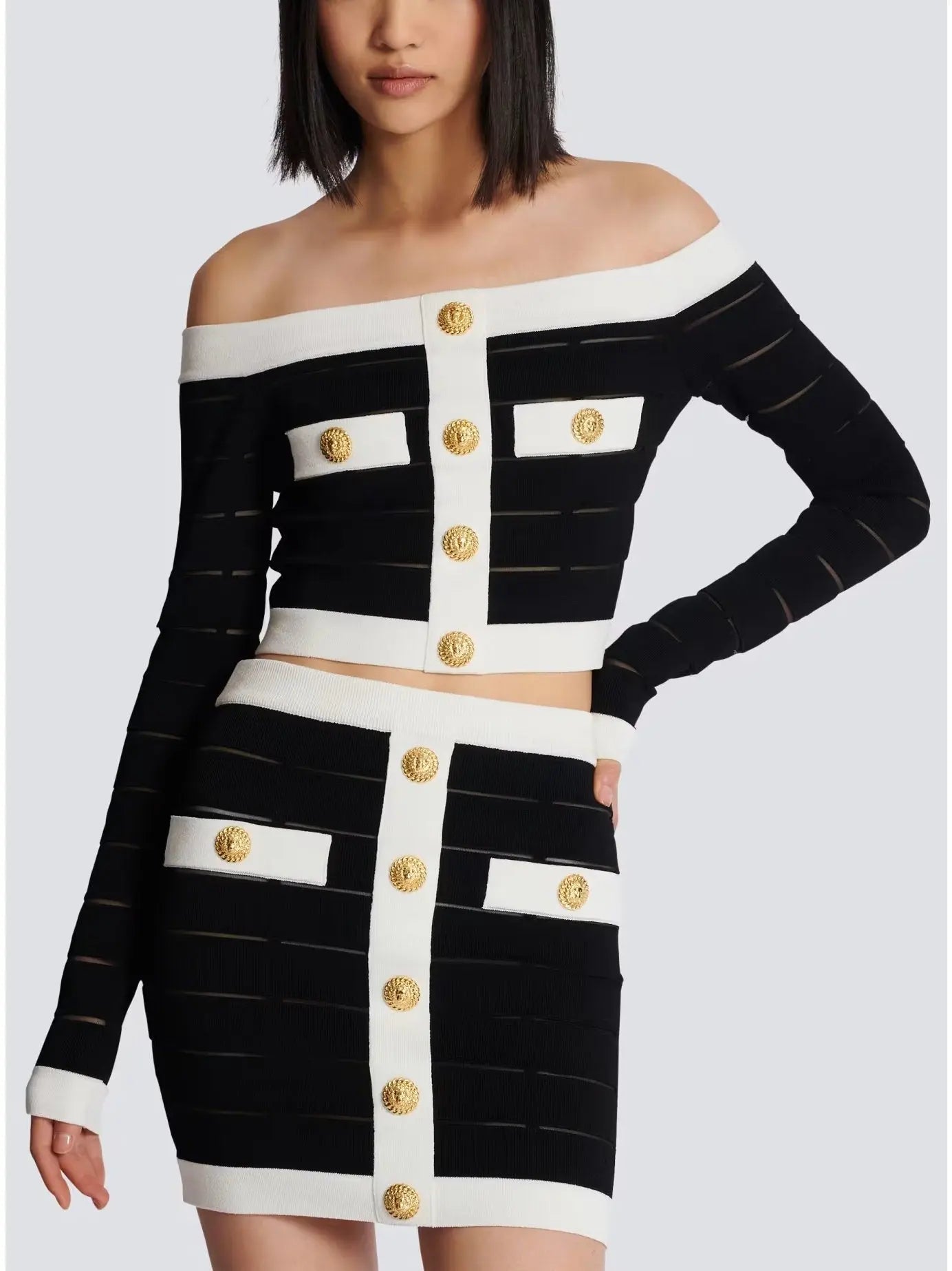 Black and White Buttoned Off-The-Shoulder Knit Top and Skirt Set - Suits & Sets